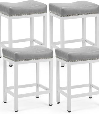 DUMOS Bar Stools Set of 4, 24 inch Counter Height Saddle Stools, Upholstered Modern Kitchen Barstools with Metal Base, PU Leather for Kitchen Island, Grey
