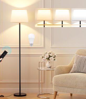Modern Floor Lamp with Adjustable Brightness, Remote Control, Black, LED Bulbs, White Shade, Foot Switch, Easy Assembly